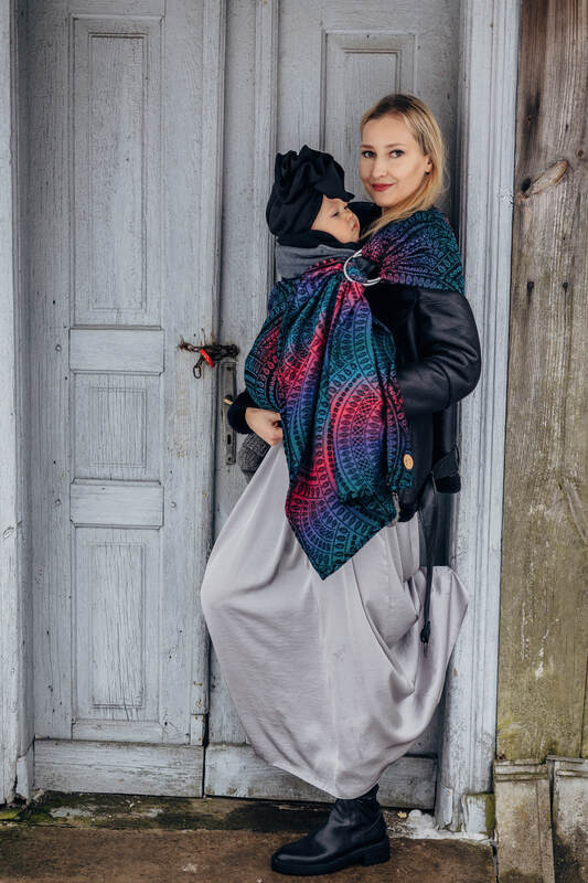 Ring Sling, Jacquard Weave (60% cotton, 28% merino wool, 8% silk, 4% cashmere), with gathered shoulder - PEACOCK'S TAIL - BLACK OPAL - standard 1.8m - Woven Baby Title - Default Title   ring_slings    #