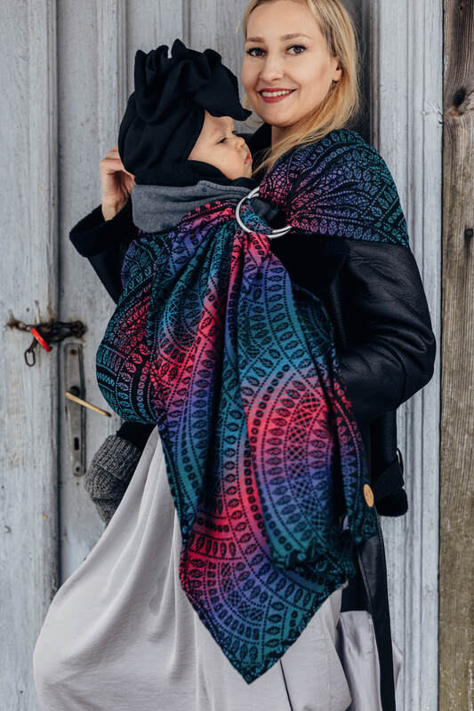 Ring Sling, Jacquard Weave (60% cotton, 28% merino wool, 8% silk, 4% cashmere), with gathered shoulder - PEACOCK'S TAIL - BLACK OPAL - standard 1.8m - Woven Baby Title - Default Title   ring_slings    #