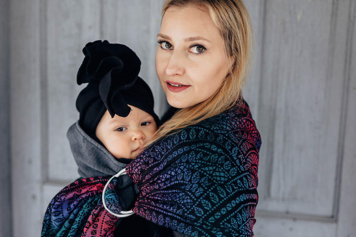 Ring Sling, Jacquard Weave (60% cotton, 28% merino wool, 8% silk, 4% cashmere), with gathered shoulder - PEACOCK'S TAIL - BLACK OPAL - standard 1.8m - Woven Baby Title - Default Title   ring_slings    #