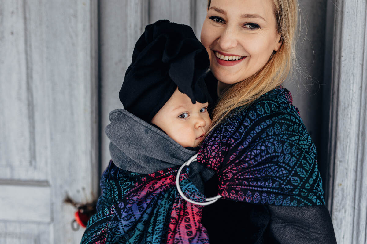 Ring Sling, Jacquard Weave (60% cotton, 28% merino wool, 8% silk, 4% cashmere), with gathered shoulder - PEACOCK'S TAIL - BLACK OPAL - standard 1.8m - Woven Baby    ring_slings    #