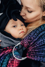 Ring Sling, Jacquard Weave (60% cotton, 28% merino wool, 8% silk, 4% cashmere), with gathered shoulder - PEACOCK'S TAIL - BLACK OPAL - standard 1.8m - Woven Baby    ring_slings    #