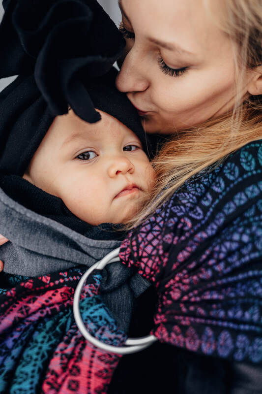 Ring Sling, Jacquard Weave (60% cotton, 28% merino wool, 8% silk, 4% cashmere), with gathered shoulder - PEACOCK'S TAIL - BLACK OPAL - standard 1.8m - Woven Baby    ring_slings    #