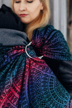 Ring Sling, Jacquard Weave (60% cotton, 28% merino wool, 8% silk, 4% cashmere), with gathered shoulder - PEACOCK'S TAIL - BLACK OPAL - standard 1.8m - Woven Baby    ring_slings    #