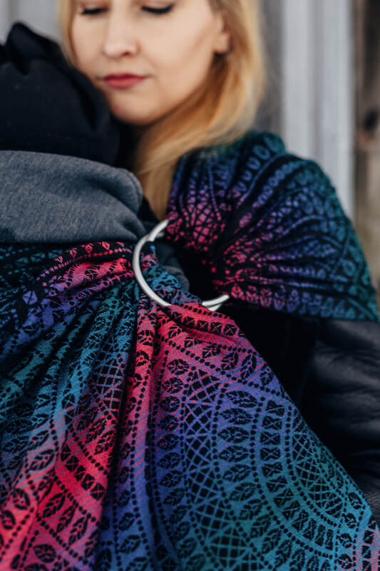 Ring Sling, Jacquard Weave (60% cotton, 28% merino wool, 8% silk, 4% cashmere), with gathered shoulder - PEACOCK'S TAIL - BLACK OPAL - standard 1.8m - Woven Baby    ring_slings    #