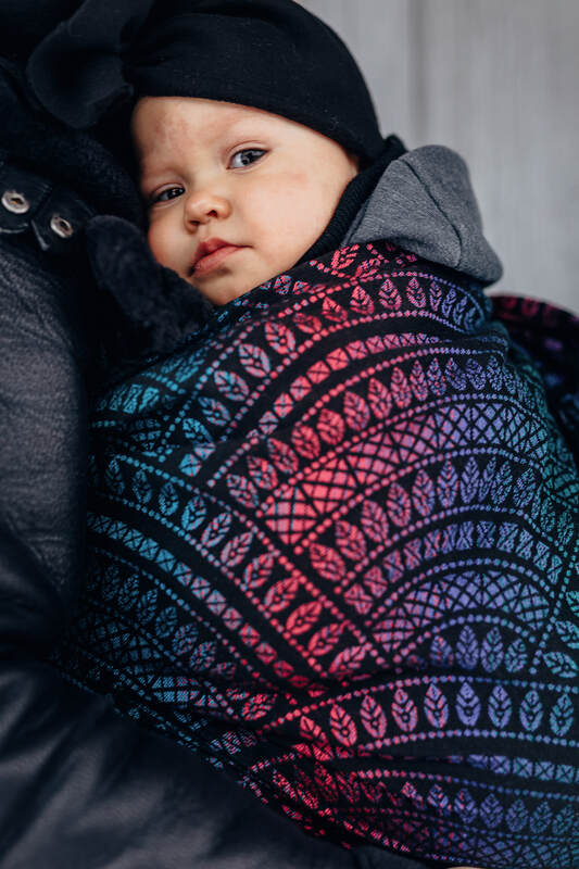 Ring Sling, Jacquard Weave (60% cotton, 28% merino wool, 8% silk, 4% cashmere), with gathered shoulder - PEACOCK'S TAIL - BLACK OPAL - standard 1.8m - Woven Baby    ring_slings    #