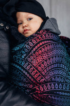 Ring Sling, Jacquard Weave (60% cotton, 28% merino wool, 8% silk, 4% cashmere), with gathered shoulder - PEACOCK'S TAIL - BLACK OPAL - standard 1.8m - Woven Baby    ring_slings    #