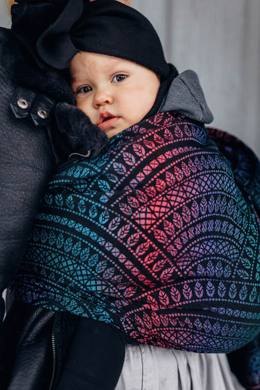 Ring Sling, Jacquard Weave (60% cotton, 28% merino wool, 8% silk, 4% cashmere), with gathered shoulder - PEACOCK'S TAIL - BLACK OPAL - standard 1.8m - Woven Baby    ring_slings    #