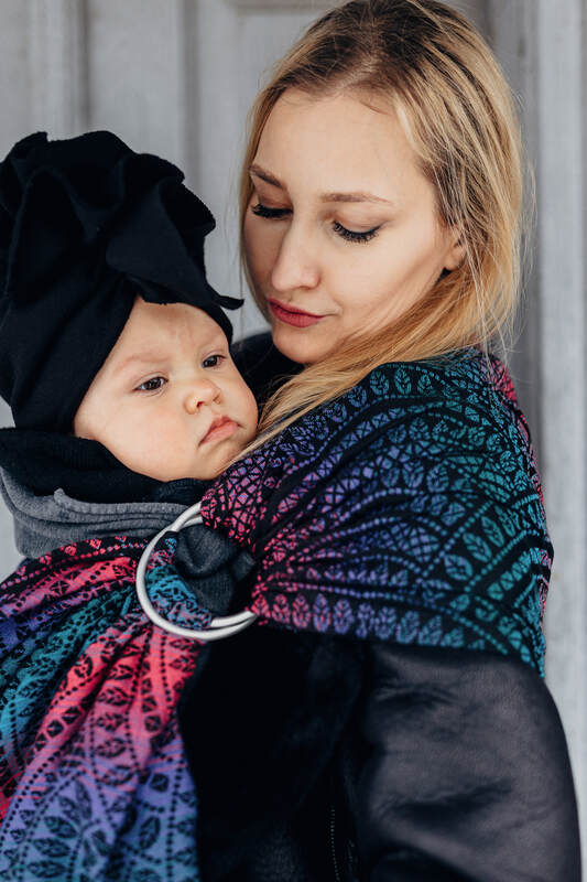 Ring Sling, Jacquard Weave (60% cotton, 28% merino wool, 8% silk, 4% cashmere), with gathered shoulder - PEACOCK'S TAIL - BLACK OPAL - standard 1.8m - Woven Baby    ring_slings    #