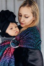 Ring Sling, Jacquard Weave (60% cotton, 28% merino wool, 8% silk, 4% cashmere), with gathered shoulder - PEACOCK'S TAIL - BLACK OPAL - standard 1.8m - Woven Baby    ring_slings    #