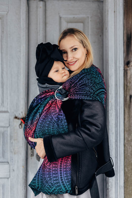 Ring Sling, Jacquard Weave (60% cotton, 28% merino wool, 8% silk, 4% cashmere), with gathered shoulder - PEACOCK'S TAIL - BLACK OPAL - standard 1.8m - Woven Baby    ring_slings    #
