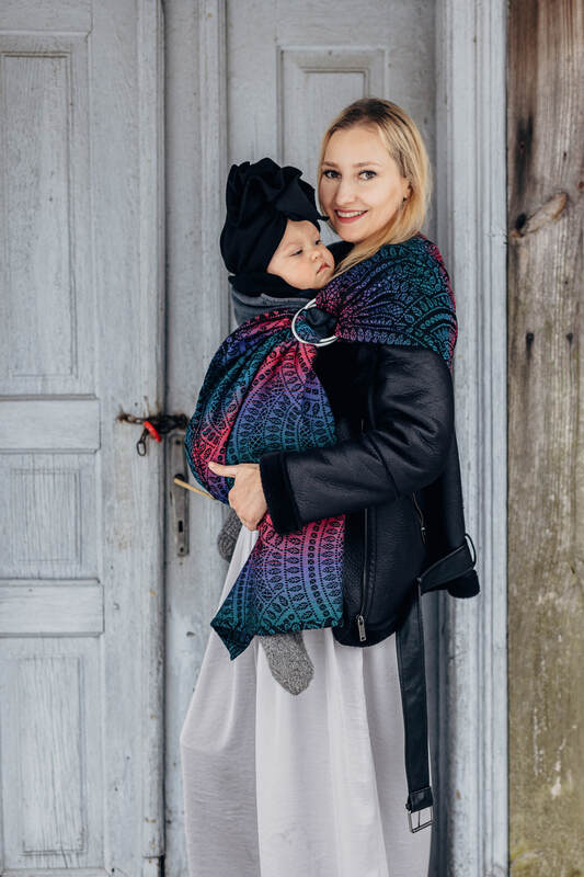Ring Sling, Jacquard Weave (60% cotton, 28% merino wool, 8% silk, 4% cashmere), with gathered shoulder - PEACOCK'S TAIL - BLACK OPAL - standard 1.8m - Woven Baby    ring_slings    #