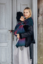 Ring Sling, Jacquard Weave (60% cotton, 28% merino wool, 8% silk, 4% cashmere), with gathered shoulder - PEACOCK'S TAIL - BLACK OPAL - standard 1.8m - Woven Baby    ring_slings    #