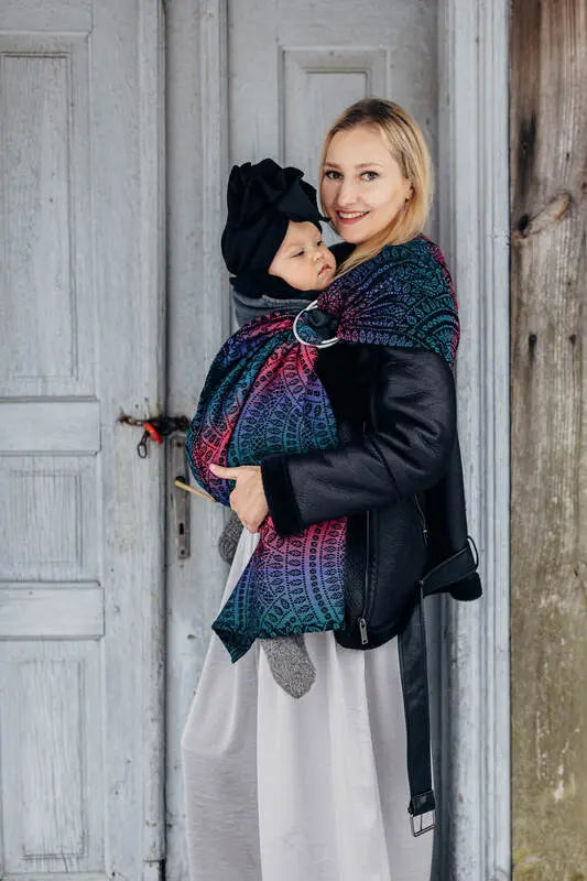 Ring Sling, Jacquard Weave (60% cotton, 28% merino wool, 8% silk, 4% cashmere), with gathered shoulder - PEACOCK'S TAIL - BLACK OPAL - long 2.1m - Woven Baby    ring_slings    #