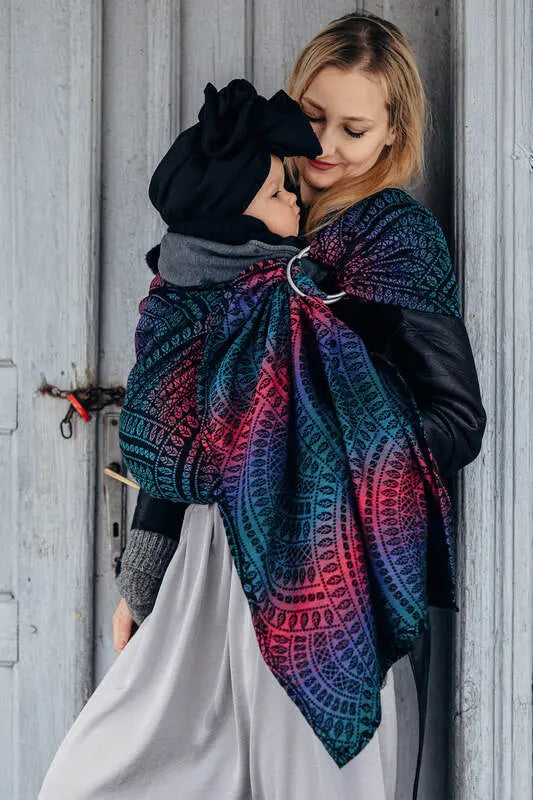 Ring Sling, Jacquard Weave (60% cotton, 28% merino wool, 8% silk, 4% cashmere), with gathered shoulder - PEACOCK'S TAIL - BLACK OPAL - long 2.1m - Woven Baby    ring_slings    #