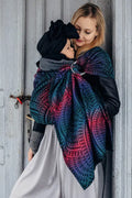 Ring Sling, Jacquard Weave (60% cotton, 28% merino wool, 8% silk, 4% cashmere), with gathered shoulder - PEACOCK'S TAIL - BLACK OPAL - long 2.1m - Woven Baby    ring_slings    #