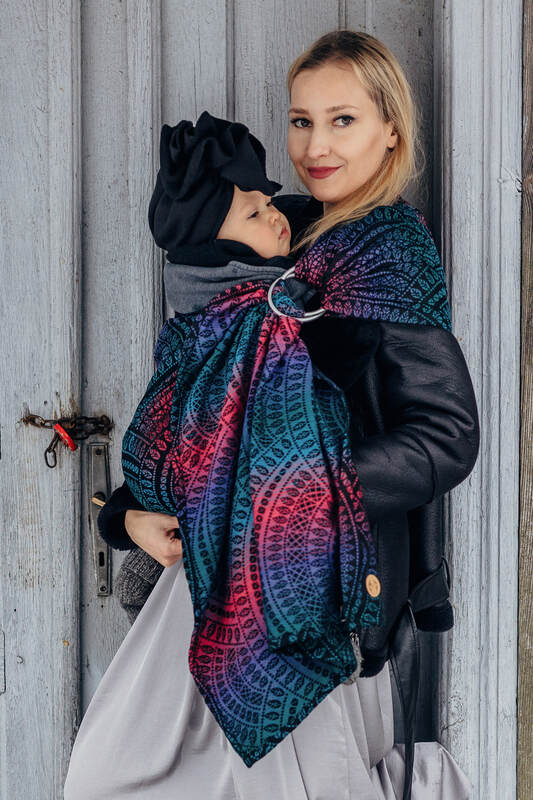 Ring Sling, Jacquard Weave (60% cotton, 28% merino wool, 8% silk, 4% cashmere), with gathered shoulder - PEACOCK'S TAIL - BLACK OPAL - standard 1.8m - Woven Baby    ring_slings    #