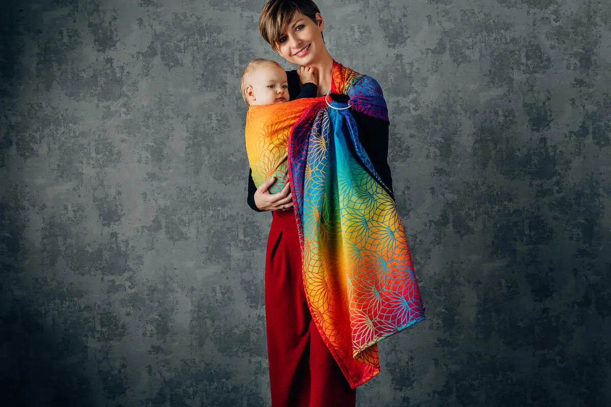 Ring Sling, Jacquard Weave (100% cotton), with gathered shoulder - RAINBOW LOTUS - standard 1.8m - Woven Baby Title - Default Title   ring_slings    #