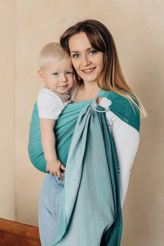Ring Sling, Jacquard Weave (100% cotton), with gathered shoulder - LITTLE HERRINGBONE OBMRE GREEN - standard 1.8m (grade B) - Woven Baby    ring_slings    #