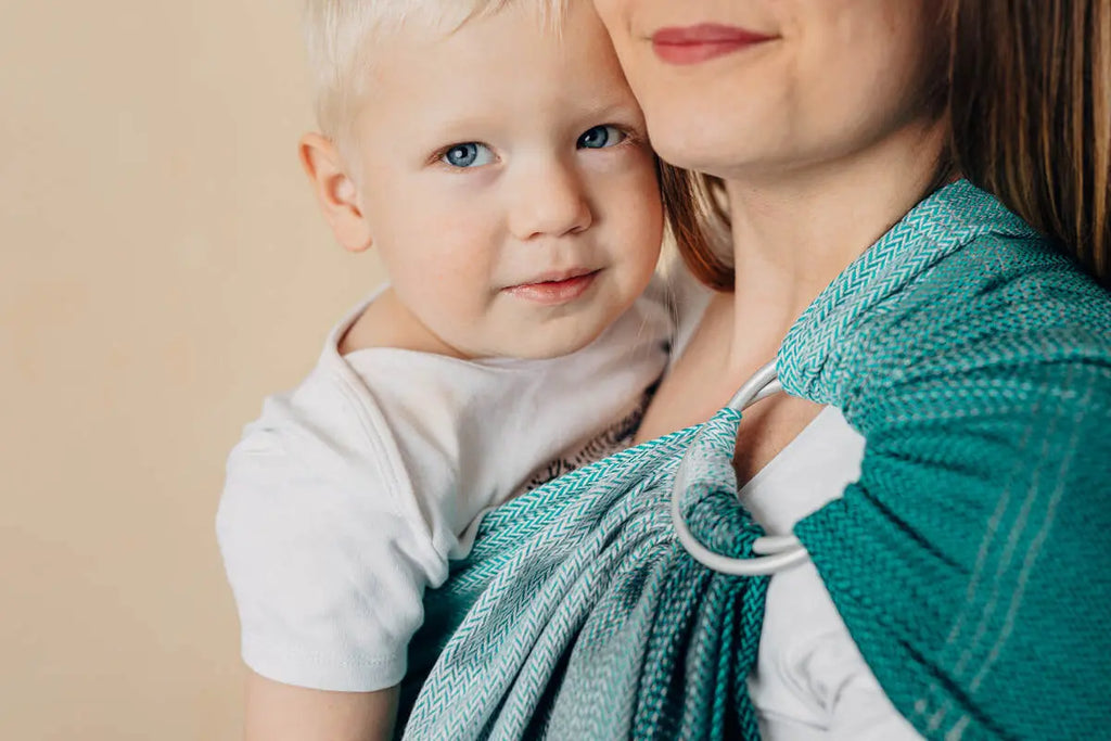 Ring Sling, Jacquard Weave (100% cotton), with gathered shoulder - LITTLE HERRINGBONE OBMRE GREEN - standard 1.8m (grade B) - Woven Baby    ring_slings    #