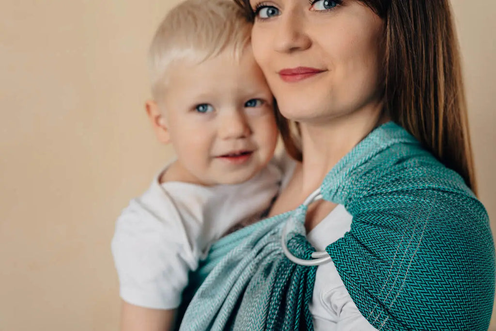 Ring Sling, Jacquard Weave (100% cotton), with gathered shoulder - LITTLE HERRINGBONE OBMRE GREEN - standard 1.8m (grade B) - Woven Baby    ring_slings    #