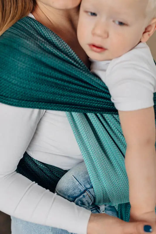 Baby Wrap, Herringbone Weave (100% cotton) - LITTLE HERRINGBONE OMBRE GREEN (grade B) - Woven Baby S - 5   long_woven_wraps    #