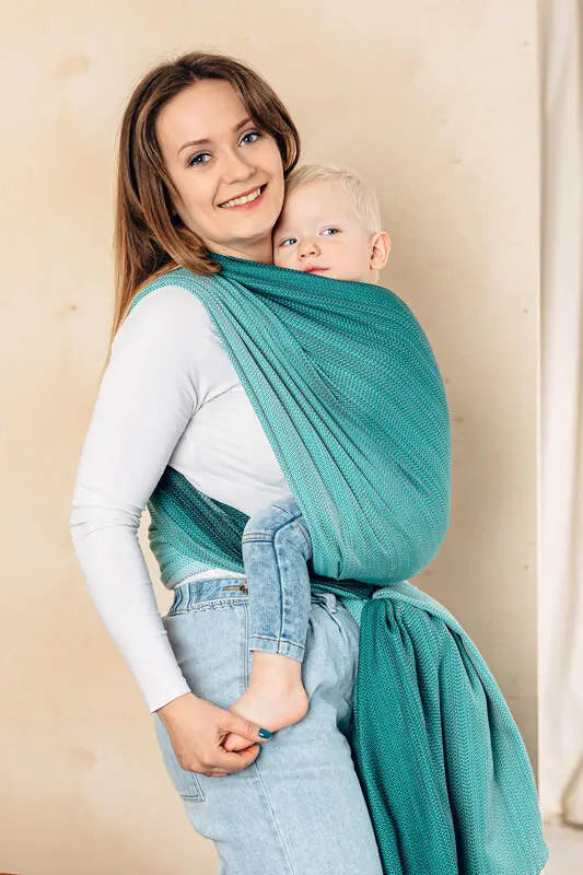 Baby Wrap, Herringbone Weave (100% cotton) - LITTLE HERRINGBONE OMBRE GREEN (grade B) - Woven Baby Size - S   long_woven_wraps    #