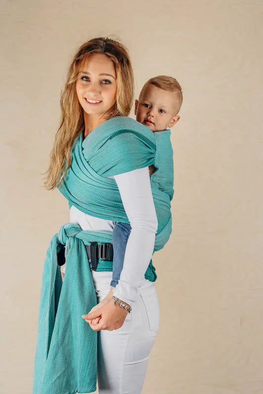 LennyHybrid Half Buckle Carrier, herringbone weave 100% cotton - LITTLE HERRINGBONE OMBRE GREEN - Woven Baby Size - Preschool-Size - Standard   lenny_hybrid    #