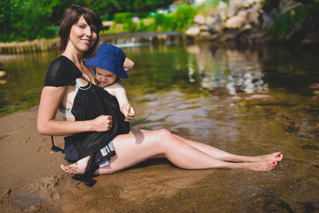 Water ring sling (100% polyester), with gathered shoulder - BLACK MESH - standard 1.8m - Woven Baby    water_ringsling    #