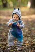 Jumpsuit for a child- Gray melange & Peacock's Tail  - Fantasy - Woven Baby 104   bear_romper    #