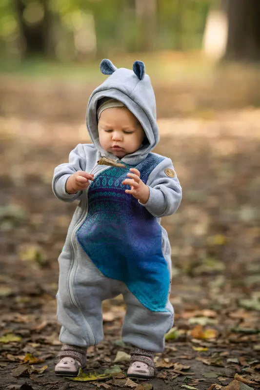 Jumpsuit for a child- Gray melange & Peacock's Tail  - Fantasy - Woven Baby Size - 104   bear_romper    #