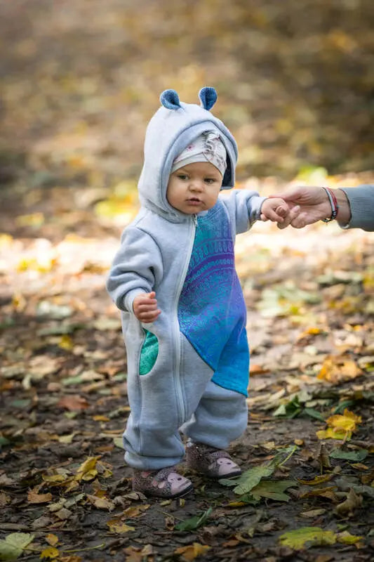 Jumpsuit for a child- Gray melange & Peacock's Tail  - Fantasy - Woven Baby Size - 104   bear_romper    #