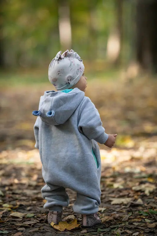 Jumpsuit for a child- Gray melange & Peacock's Tail  - Fantasy - Woven Baby 104   bear_romper    #