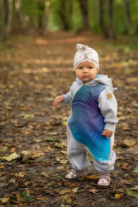 Jumpsuit for a child- Gray melange & Peacock's Tail  - Fantasy - Woven Baby Size - 104   bear_romper    #