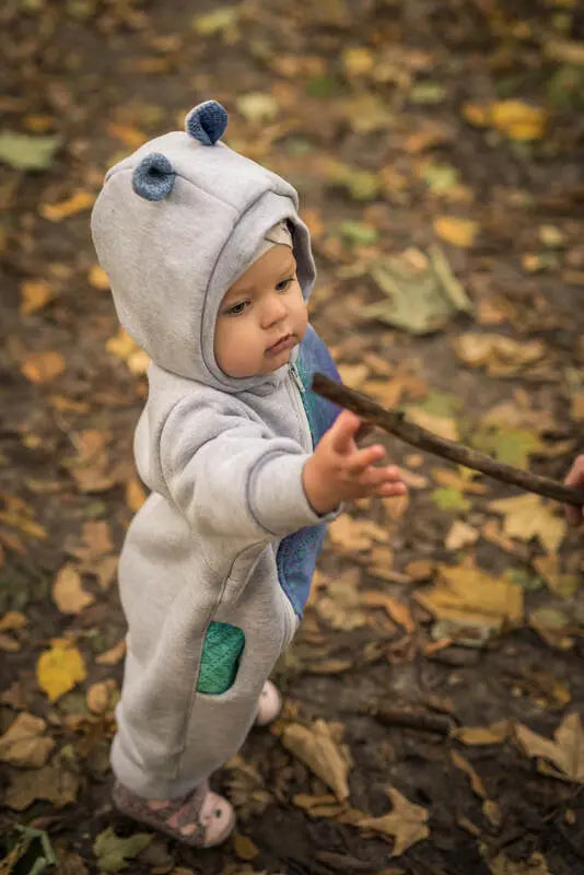 Jumpsuit for a child- Gray melange & Peacock's Tail  - Fantasy - Woven Baby Size - 104   bear_romper    #