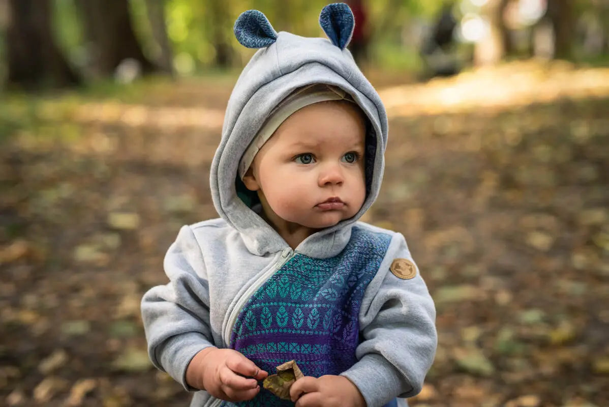 Jumpsuit for a child- Gray melange & Peacock's Tail  - Fantasy - Woven Baby 104   bear_romper    #
