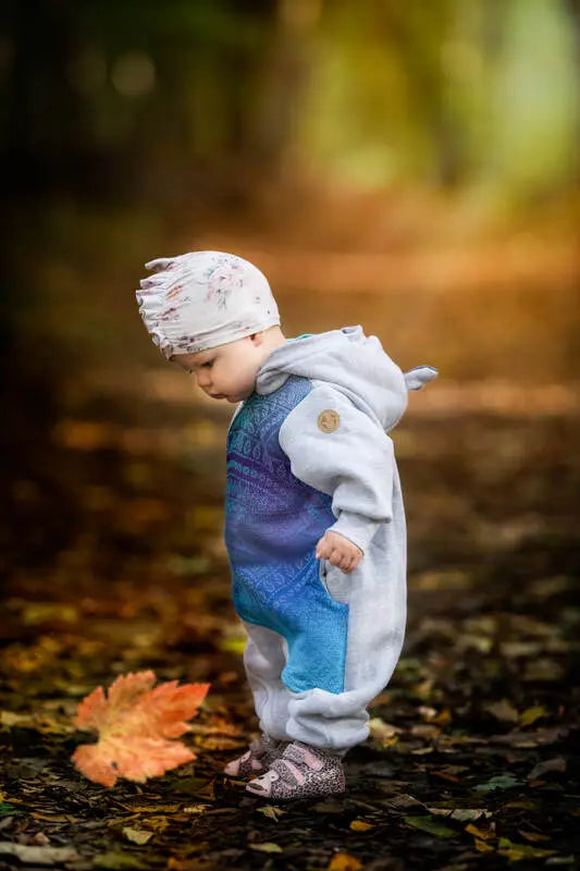 Jumpsuit for a child- Gray melange & Peacock's Tail  - Fantasy - Woven Baby 104   bear_romper    #