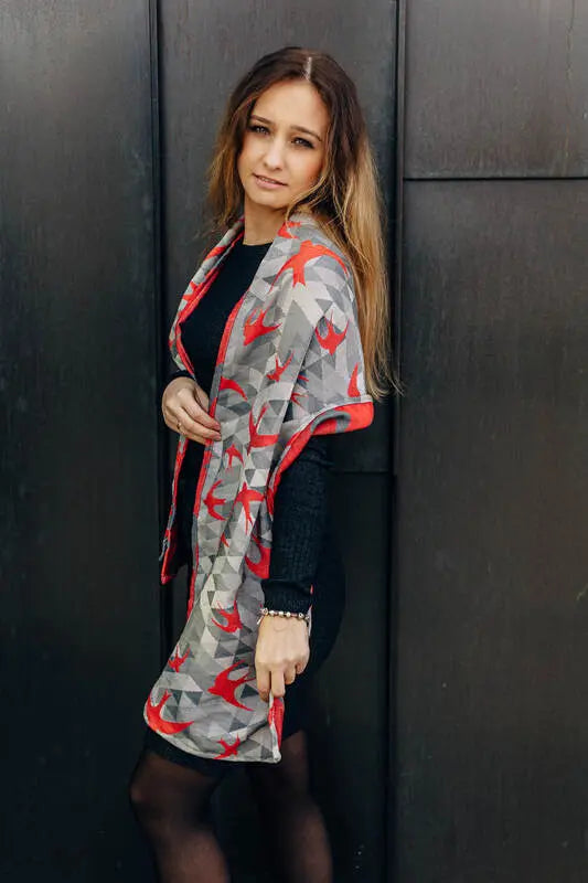 LennyScarf - 42% cotton, 34 % merino wool,  9 % silk, 15% cashmere - Swallows Grey & Red - Woven Baby    lenny_scarf    #