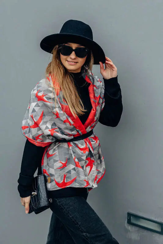 LennyScarf - 42% cotton, 34 % merino wool,  9 % silk, 15% cashmere - Swallows Grey & Red - Woven Baby    lenny_scarf    #