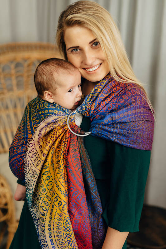 Ring Sling, Jacquard Weave (100% cotton), with gathered shoulder - PEACOCK'S TAIL - BOLERO - standard 1.8m