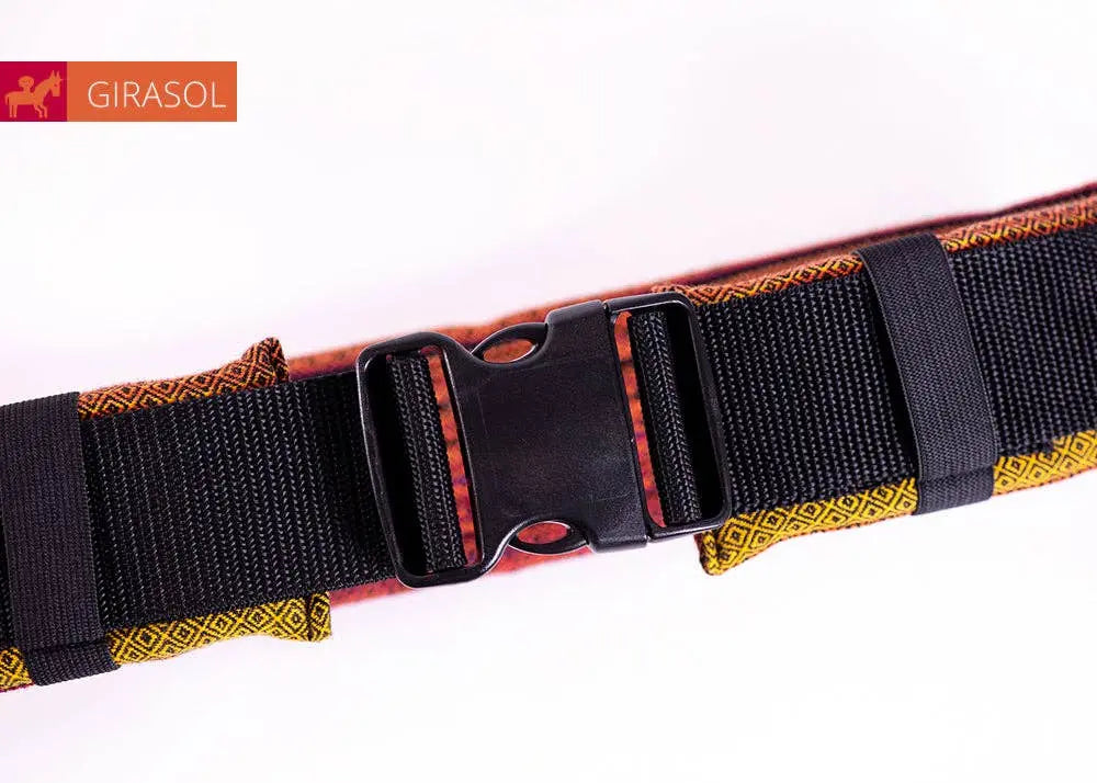 Girasol WrapMySol Twilight Buckle Hip Belt close-up weave detail — black red diamond pattern handwoven Guatemala

