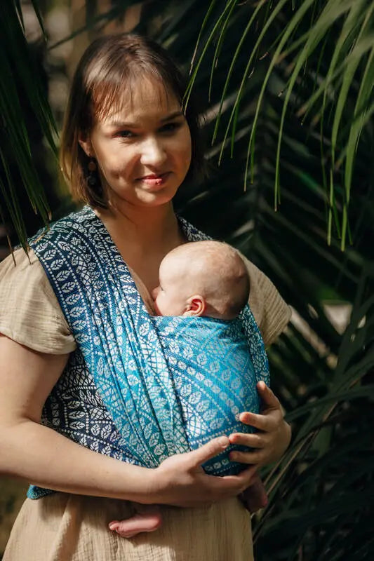 Baby Wrap, Jacquard Weave (100% bamboo viscose) - PEACOCK'S TAIL - SEA ANGEL - Woven Baby Size - XS   long_woven_wraps    #