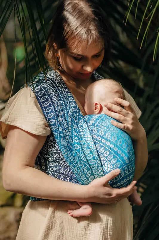 Baby Wrap, Jacquard Weave (100% bamboo viscose) - PEACOCK'S TAIL - SEA ANGEL - Woven Baby Size - XS   long_woven_wraps    #