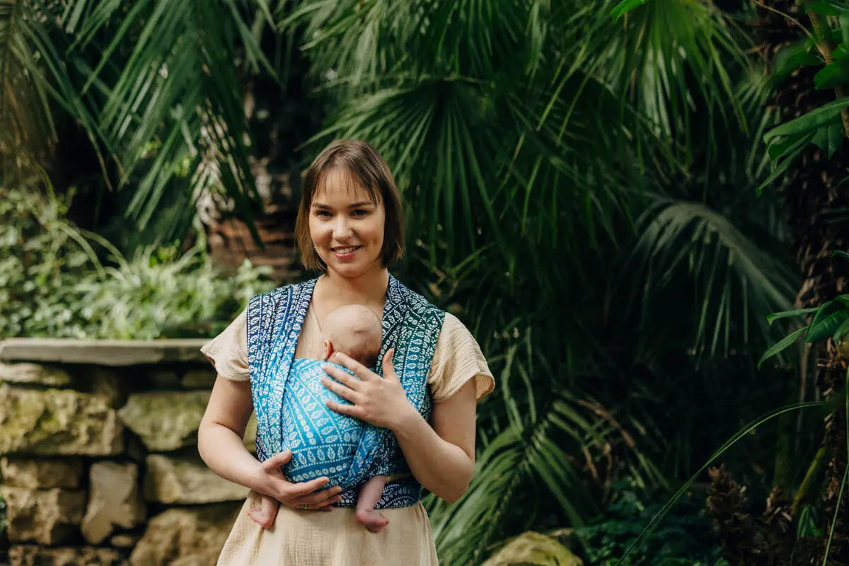 Baby Wrap, Jacquard Weave (100% bamboo viscose) - PEACOCK'S TAIL - SEA ANGEL - Woven Baby XS - 4   long_woven_wraps    #