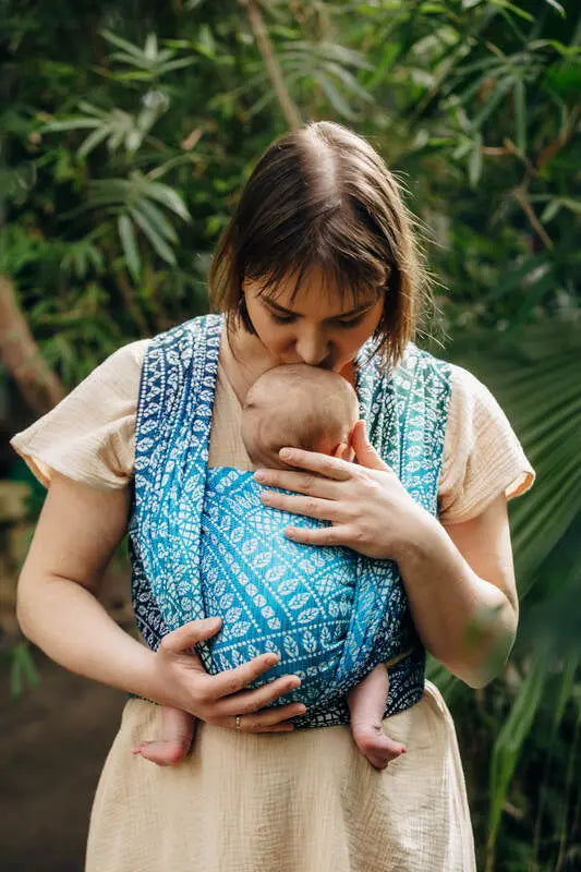 Baby Wrap, Jacquard Weave (100% bamboo viscose) - PEACOCK'S TAIL - SEA ANGEL - Woven Baby XS - 4   long_woven_wraps    #