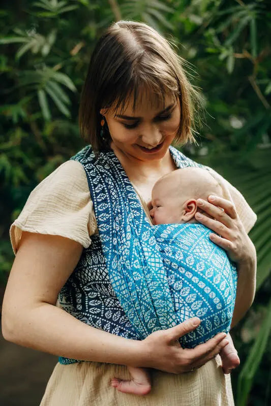 Baby Wrap, Jacquard Weave (100% bamboo viscose) - PEACOCK'S TAIL - SEA ANGEL - Woven Baby Size - XS   long_woven_wraps    #