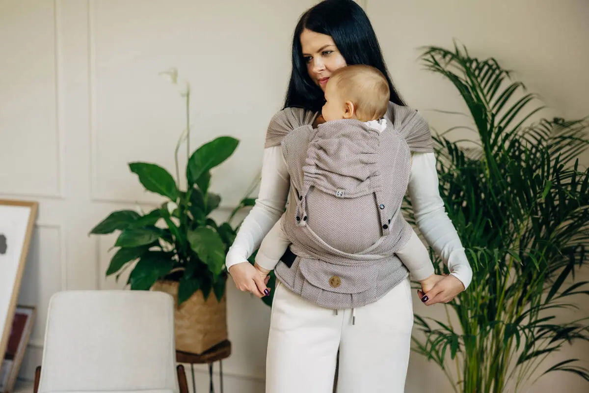 My First Baby Carrier - LennyHybrid Half Buckle, herringbone weave 100% cotton - LITTLE HERRINGBONE ALMOND - Woven Baby Size - Standard   lenny_hybrid    #