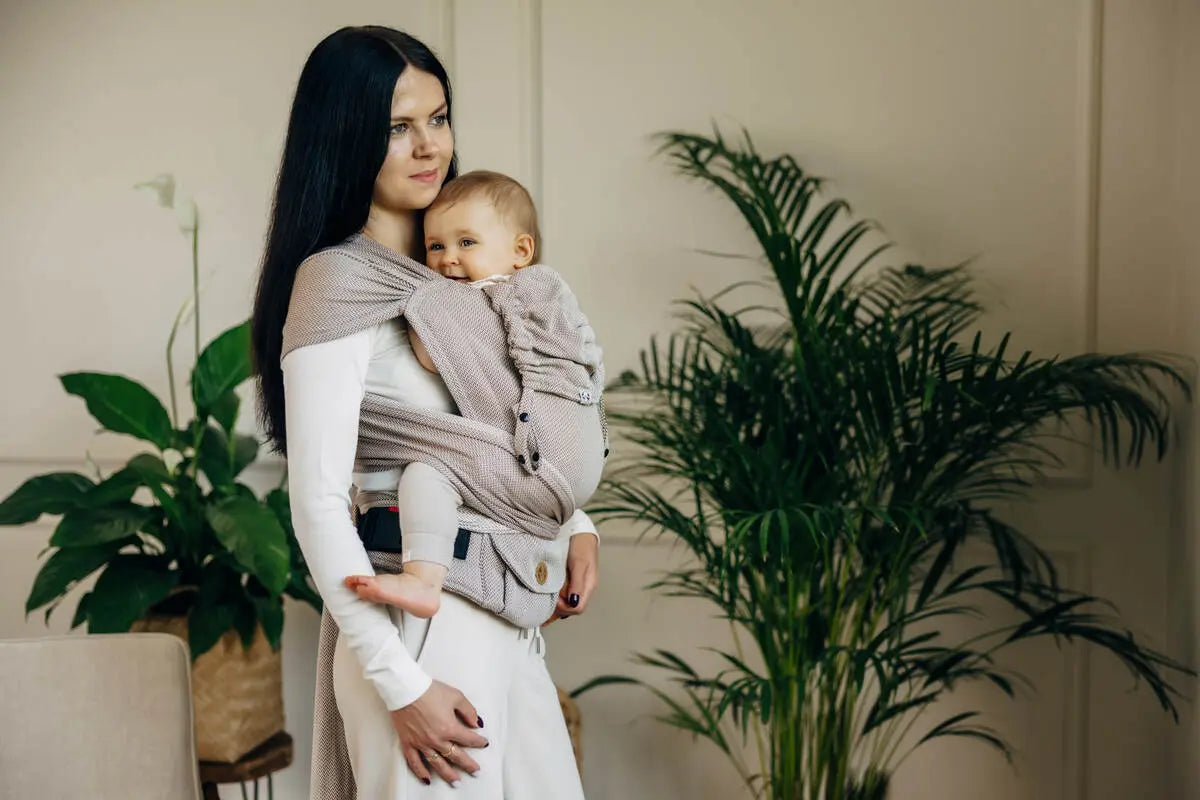 My First Baby Carrier - LennyHybrid Half Buckle, herringbone weave 100% cotton - LITTLE HERRINGBONE ALMOND - Woven Baby Size - Standard   lenny_hybrid    #