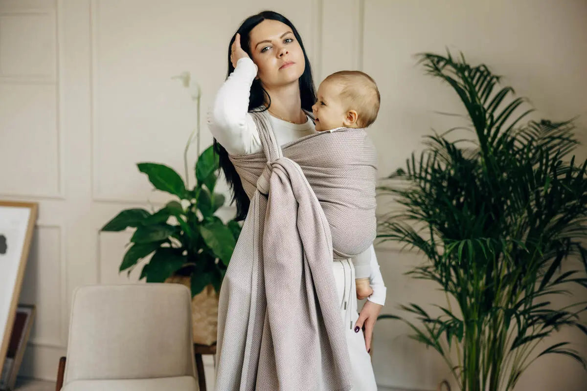 Baby Sling, Herringbone Weave (100% cotton) - LITTLE HERRINGBONE ALMOND - Woven Baby Size - L-Size - M-Size - S-Size - XL-Size - XS   long_woven_wraps    #
