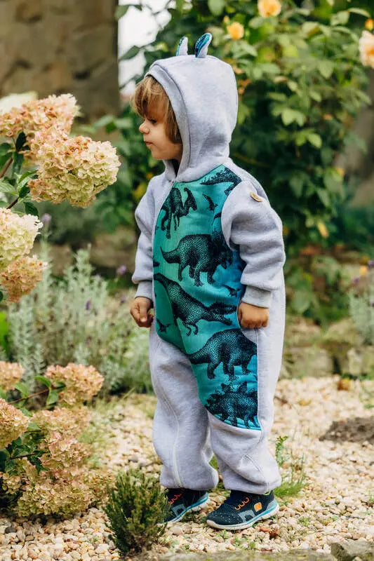 Jumpsuit for a child- Gray melange & Jurassic - Woven Baby Size - 110-Size - 116   bear_romper    #