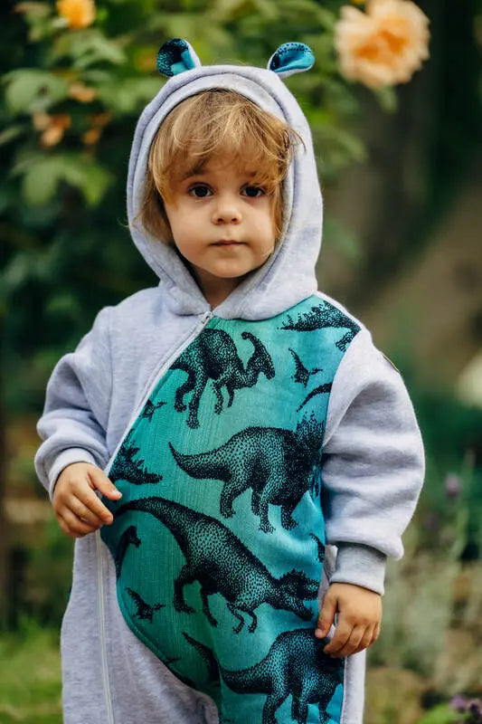 Jumpsuit for a child- Gray melange & Jurassic - Woven Baby Size - 110-Size - 116   bear_romper    #